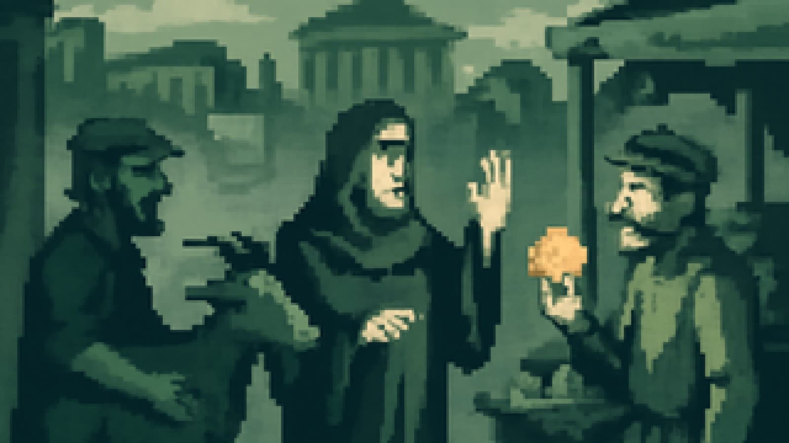 Pixel-art market scene with a goat-bearing farmer, a coin-holding merchant and a robed scholar standing between them.