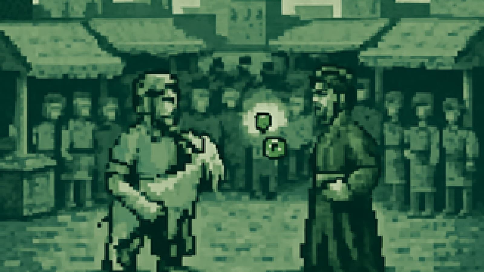 Pixel-art marketplace standoff between a farmer with a goat and a merchant holding a gold coin, watched by a crowd.