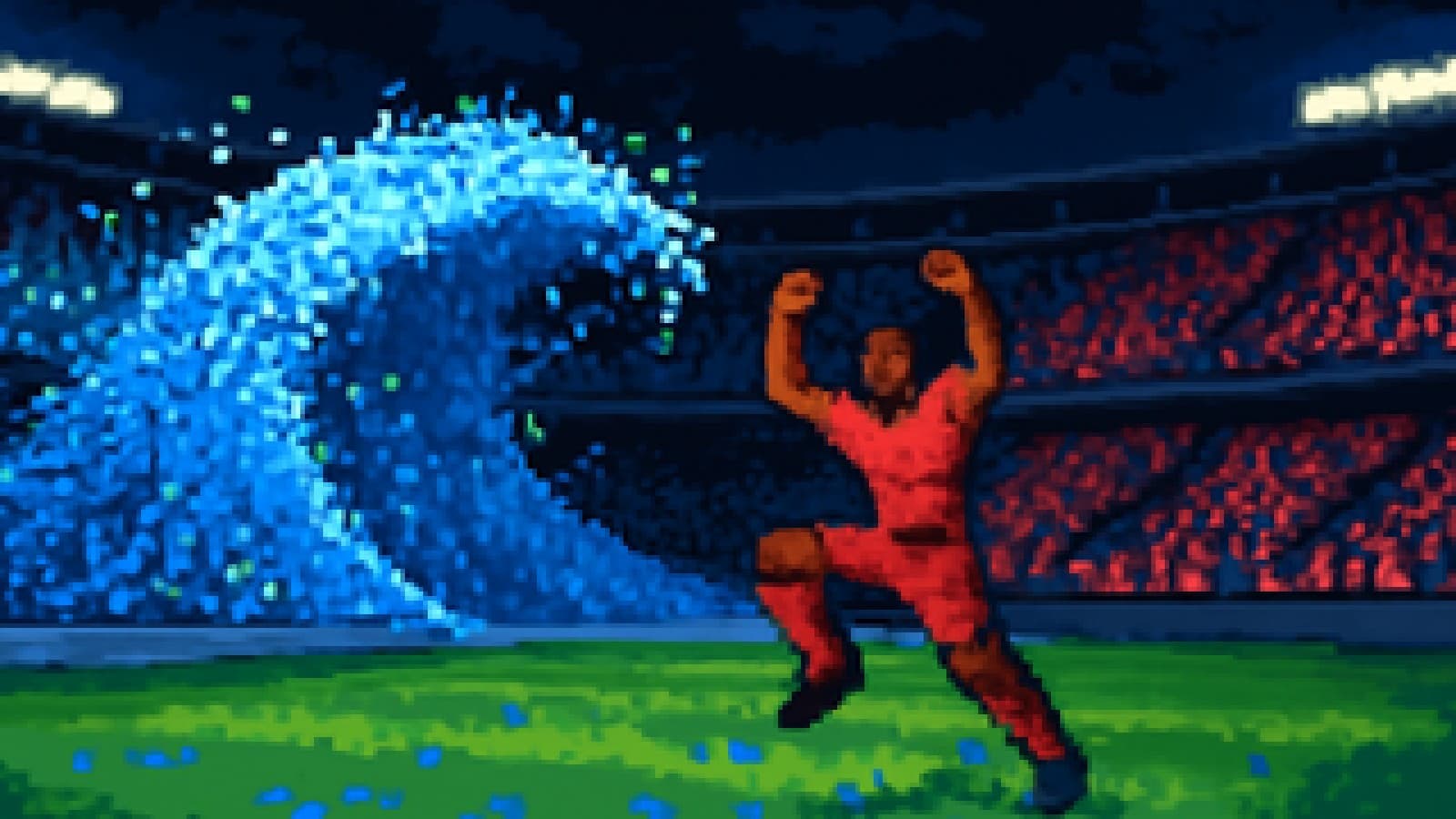 Pixel-art stadium split between blue and red fans, with blue confetti sweeping across the pitch.