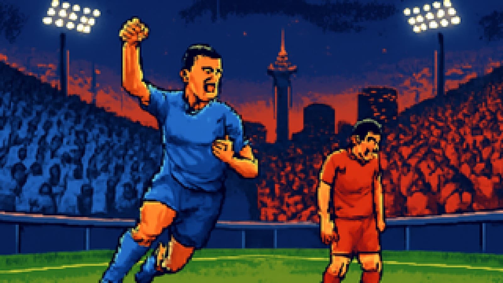Pixel-art stadium with celebrating blue fans and stunned red fans under floodlights.