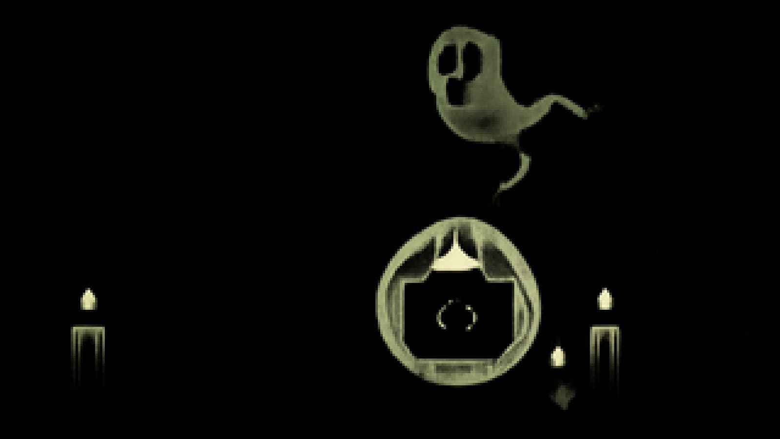 Pixel-art fortune teller's tent with a crystal ball showing a crowned camera, a fading blue ghost and a small bird in the fog.