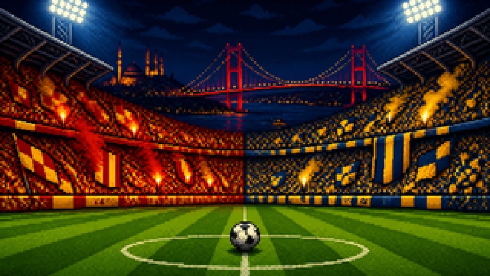 Illustration of a floodlit Istanbul derby stadium divided between two rival sets of fans, with a ball on the centre spot.