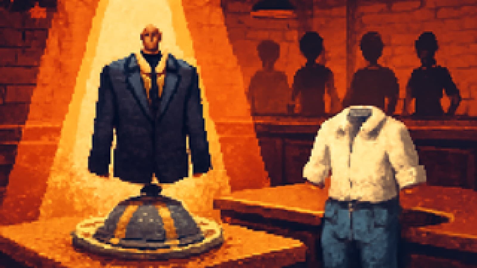 Pixel art of a suit served on a silver platter under a spotlight, with other outfits waiting in the background