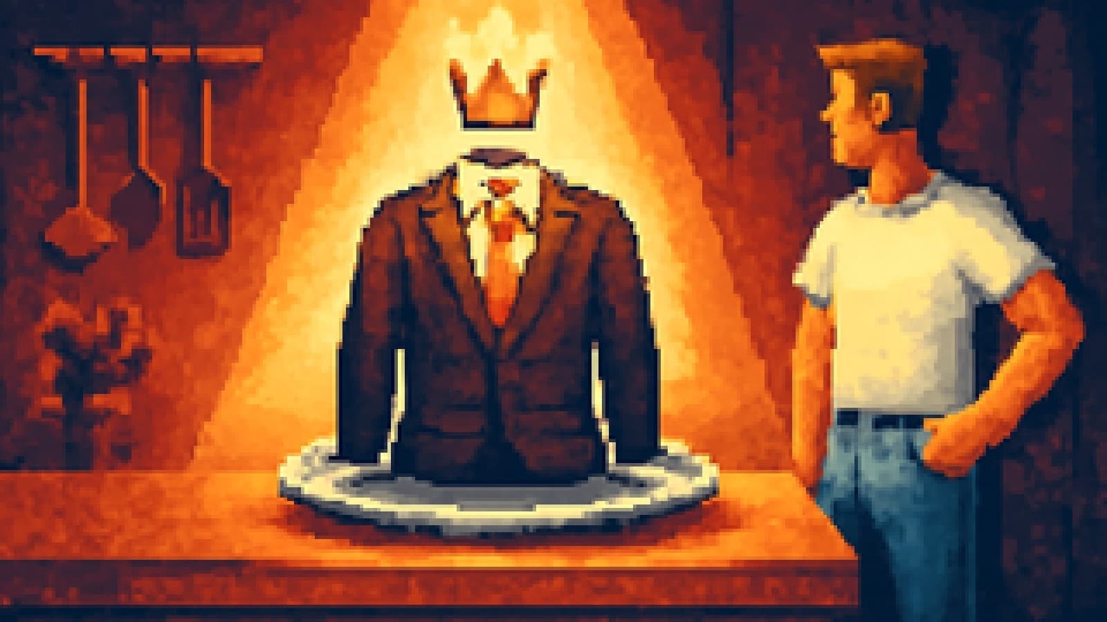 Pixel art of a pressed suit served as the winning dish on a cooking-show stage, with a white shirt and jeans nearby