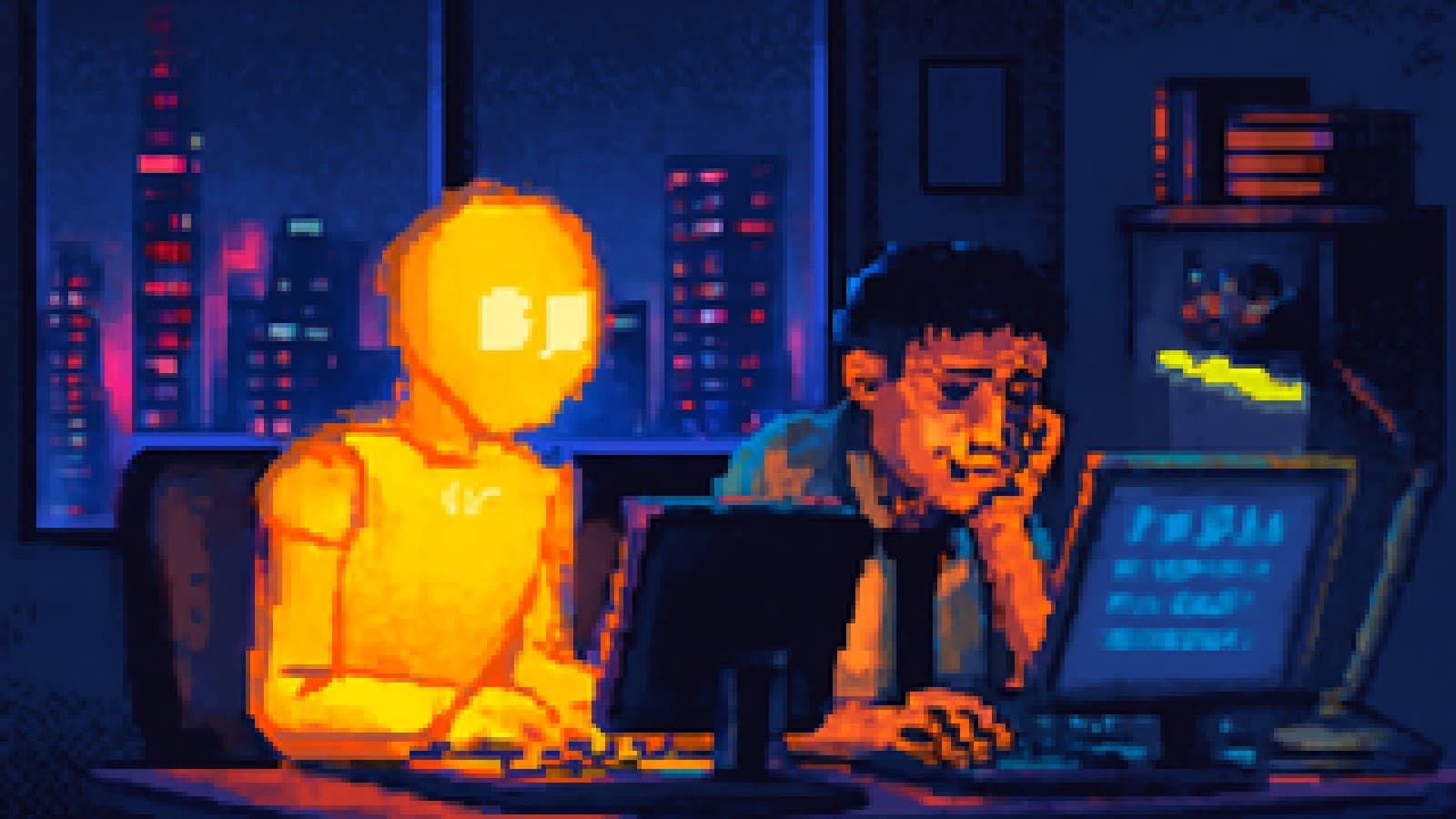 Pixel-art robot and human worker sharing one office desk at night
