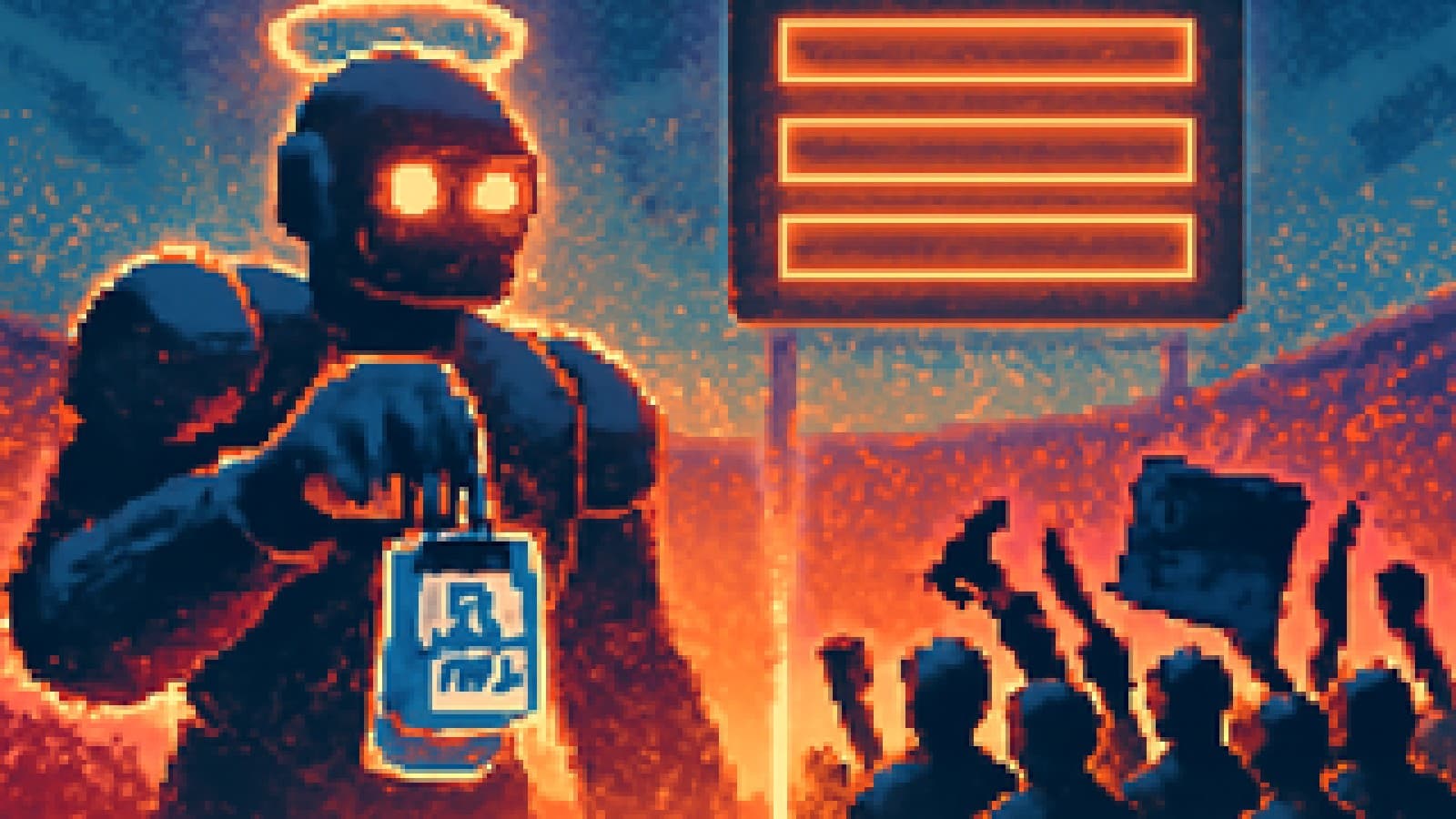 Pixel-art showdown between a giant AI robot and a crowd of workers under a glowing scoreboard
