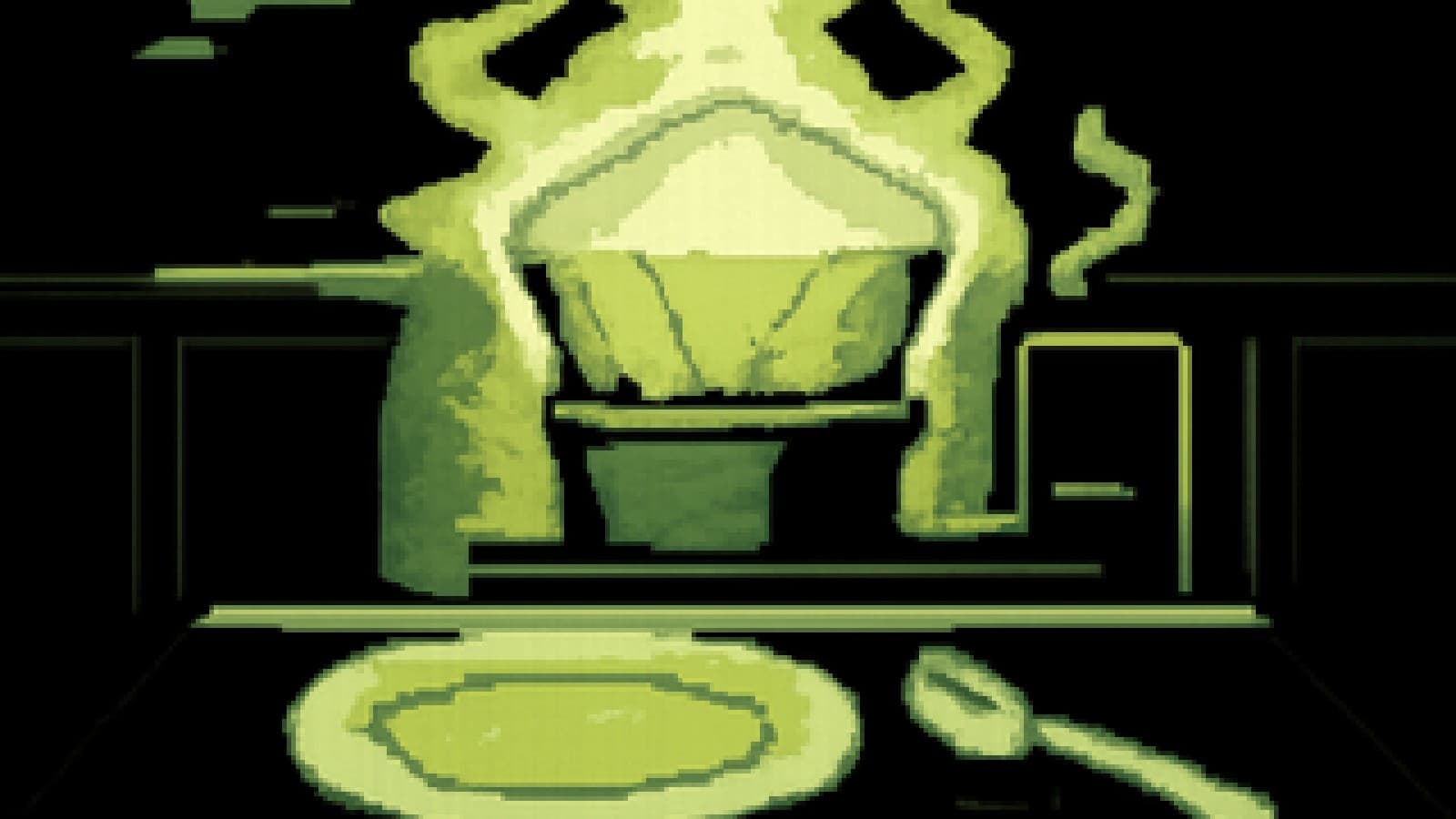Pixel-art soufflé shaped like a glowing crystal rising from a scorched oven in front of a judging table