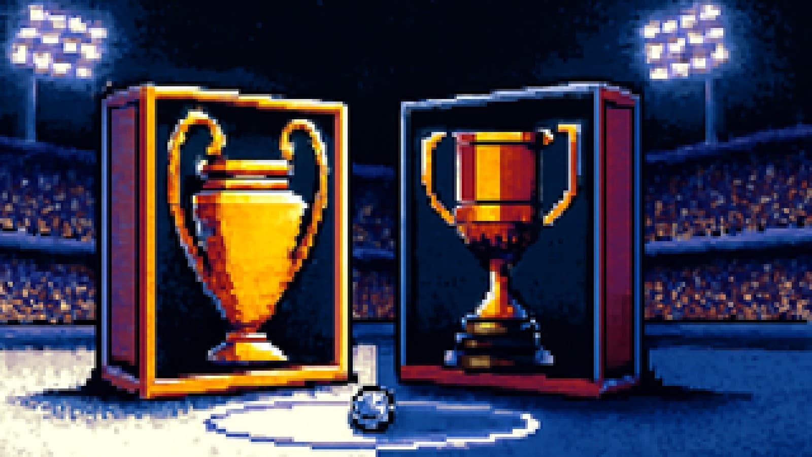 Pixel-art stadium split into white and blue-garnet halves, with two trophy cabinets squaring up in the centre circle.
