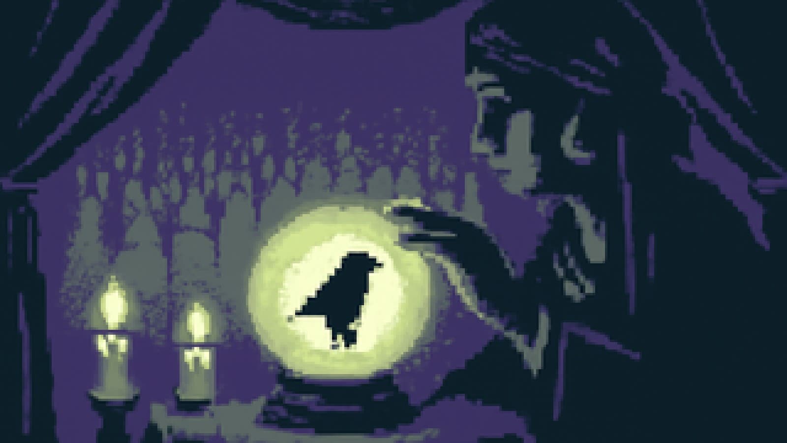 Pixel-art crystal ball in a candlelit tent with a glowing dark bird silhouette in front of a large fading blue crowd.