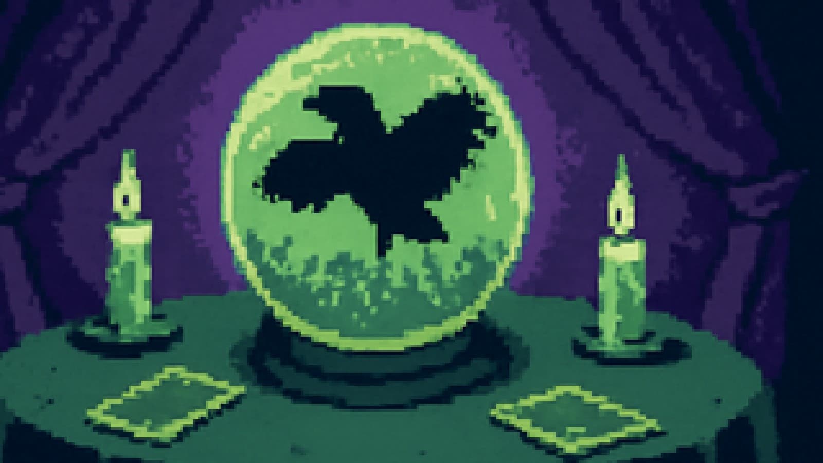 Pixel-art crystal ball showing a glowing dark bird rising over a fading blue crowd, surrounded by candles and tarot cards.