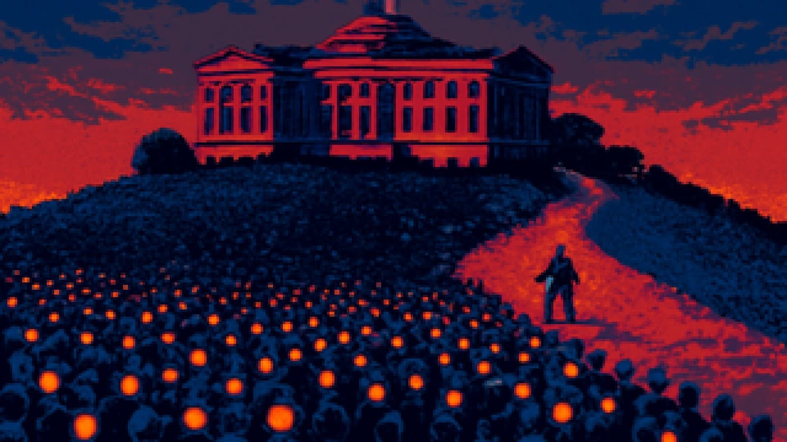 Pixel-art crowd with lanterns turning away from a hilltop palace toward a lone figure on a side path