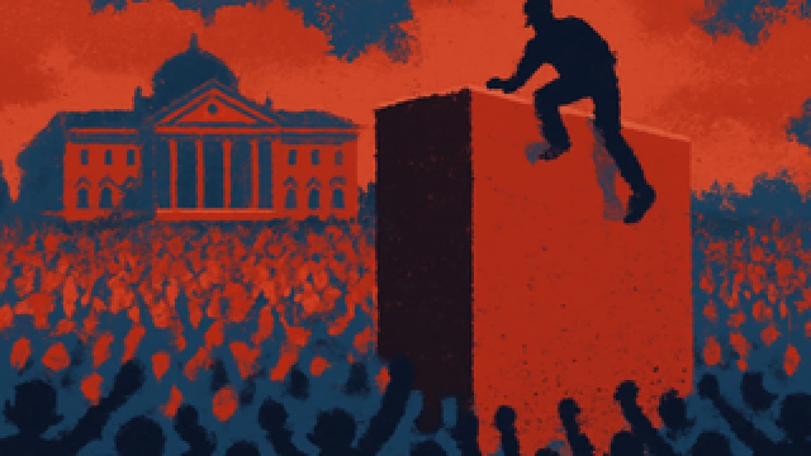 Pixel-art challenger rising on a podium above a cheering crowd, with a darkened palace behind