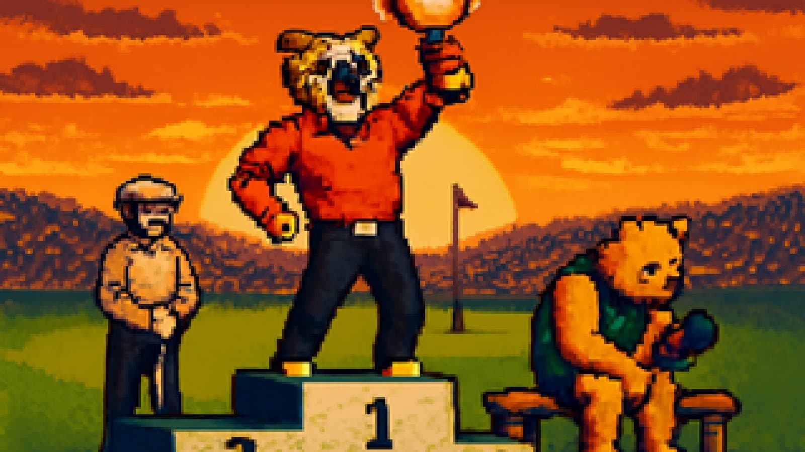 Pixel-art podium with a tiger golfer in first, a flat-capped golfer in second and a golden bear lifting weights nearby.