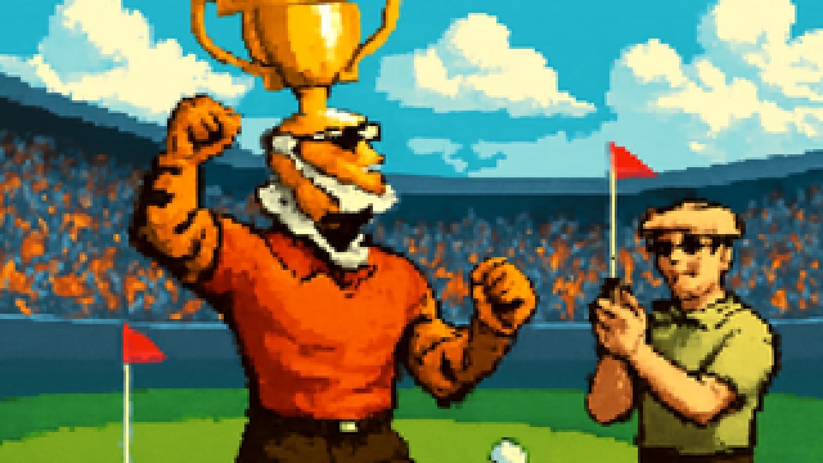 Pixel-art tiger golfer lifting a trophy on a green while a flat-capped golfer applauds and a crowd cheers.