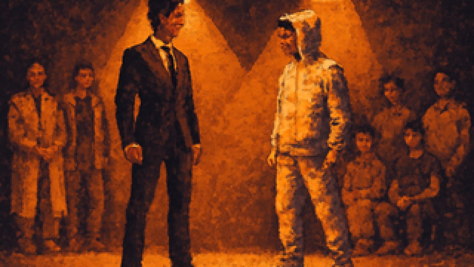 Pixel-art runway showdown between a suited figure and a monochrome athleisure figure, with other style camps watching.
