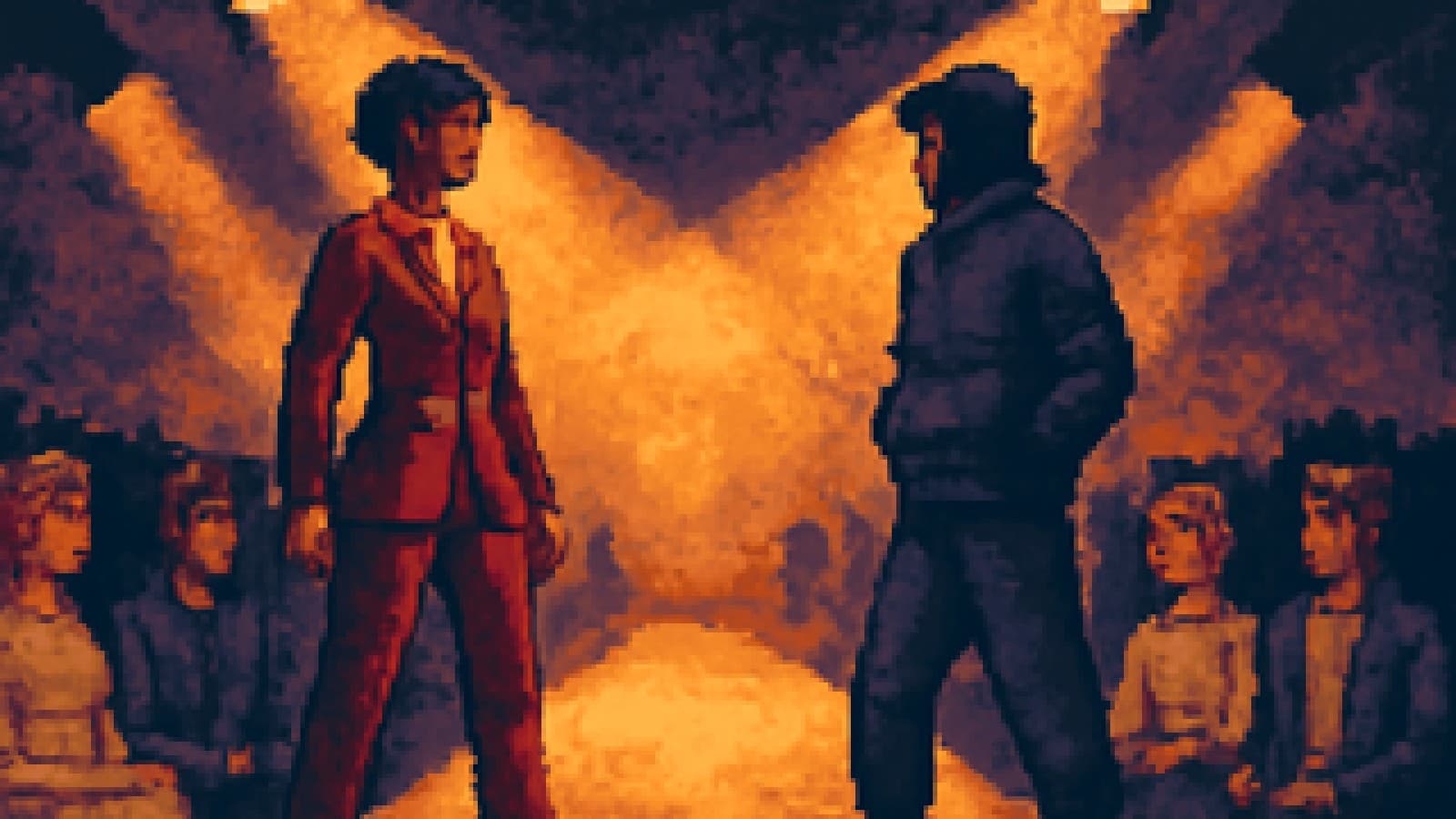 Pixel-art fashion runway showdown between a tailored suit look and a monochrome athleisure look, with other styles watching.