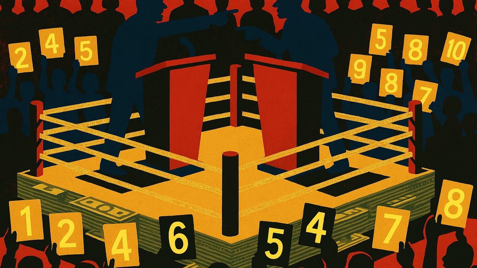 Cartoon boxing ring built from money and stock tickers, with two empty podiums facing off as a crowd holds up scorecards