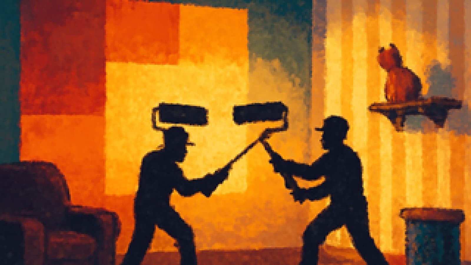 pixel-art room where a color-block wall and a striped wall face off, with paint rollers dueling between them