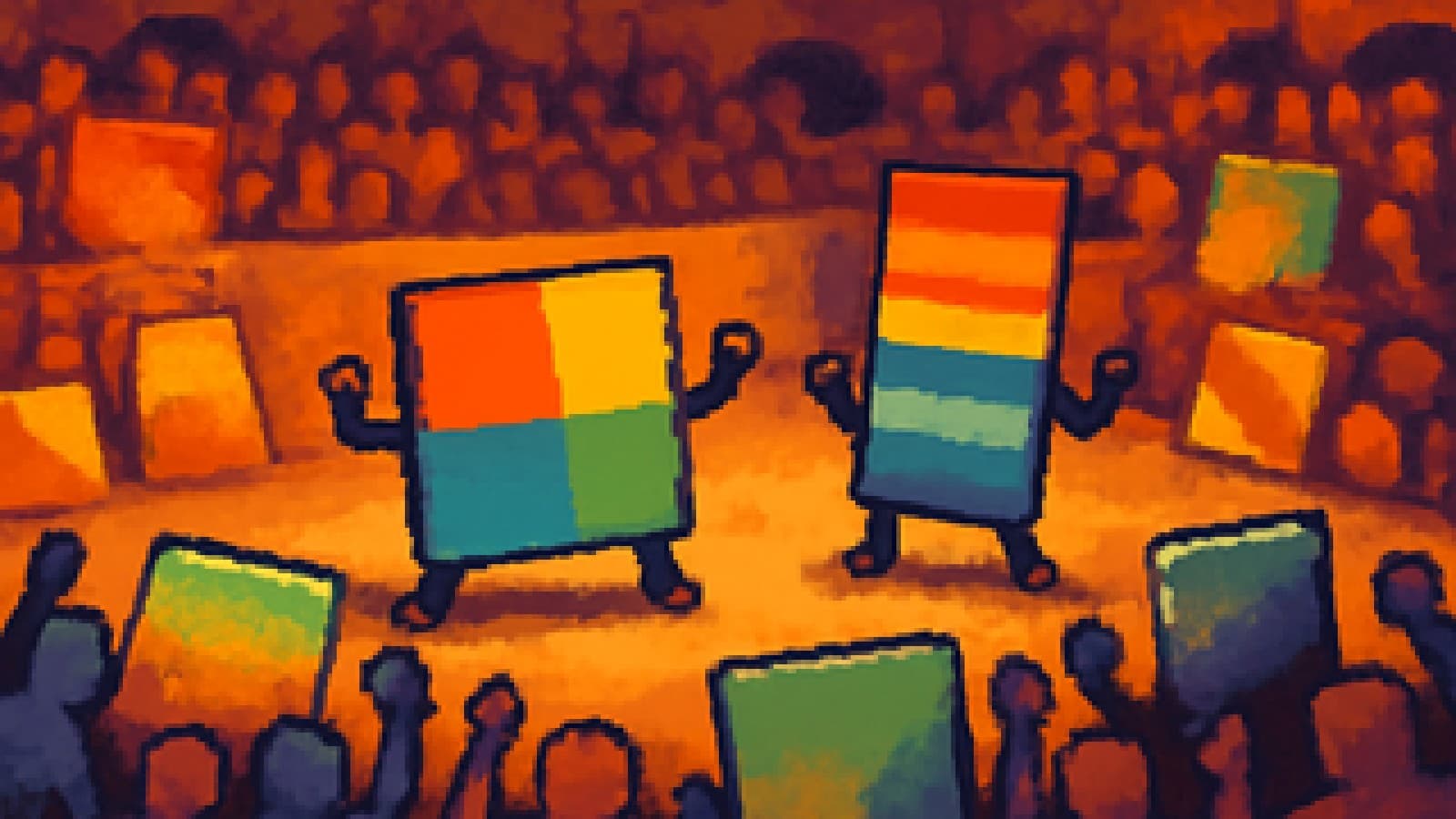pixel-art arena of paint swatches, with a bold color-block panel leading a striped panel and other design styles cheering from the side