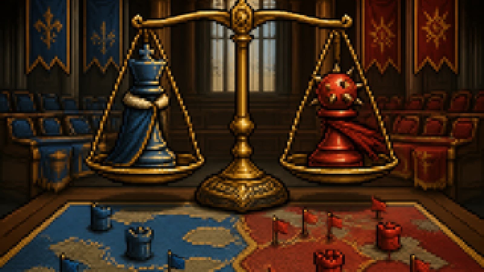 Two contrasting chess pieces balanced on a scale inside a legislative chamber