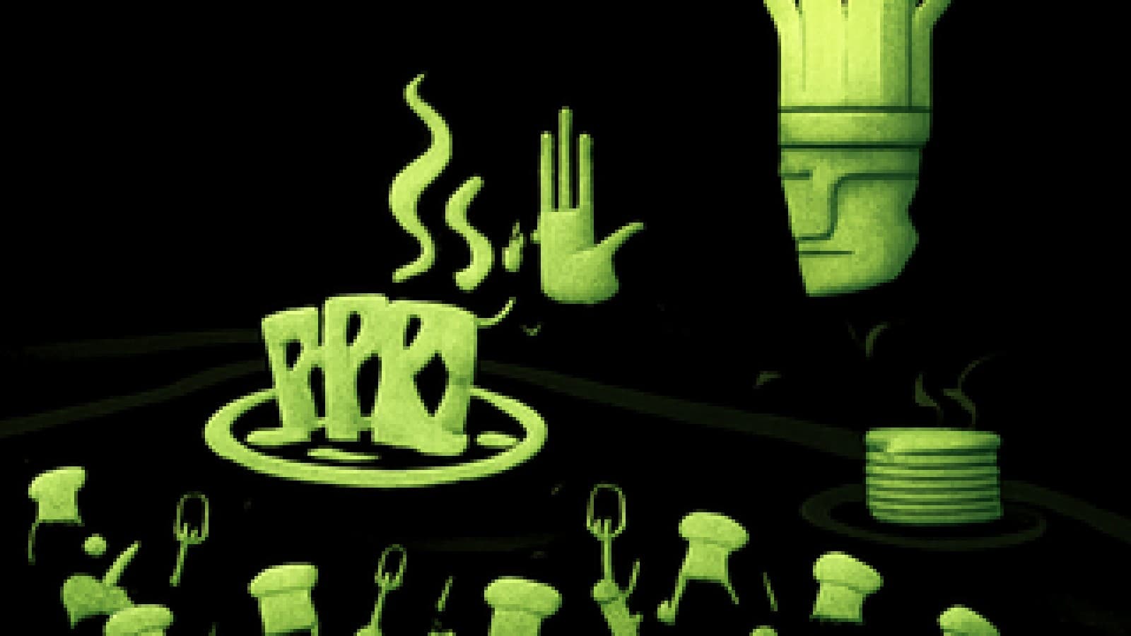 Pixel-art chef judge signalling stop over a card table while a crowd of small chefs waves spatulas asking for another card.