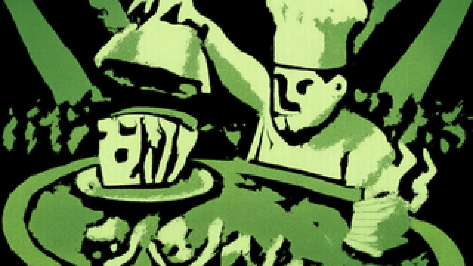 Pixel-art chef judge lifting a cloche off a hand of playing cards at a blackjack table while a crowd of small chefs reaches for the deck.