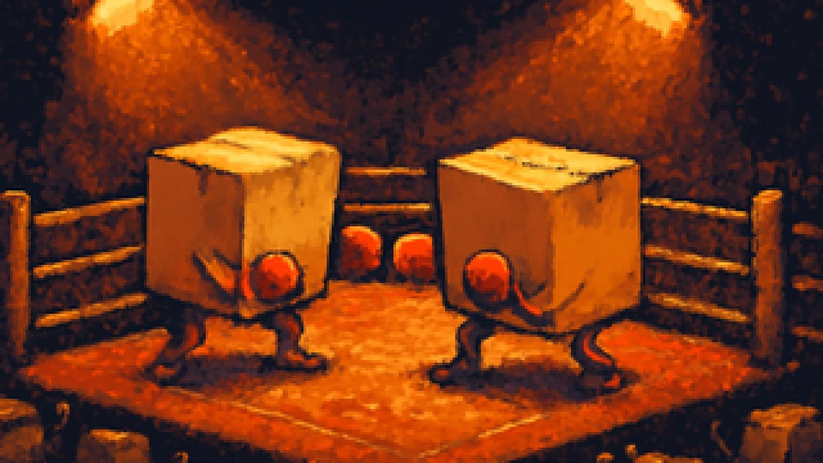 Pixel art of two plain cardboard boxes in boxing gloves squaring off in a ring while smaller boxes cheer