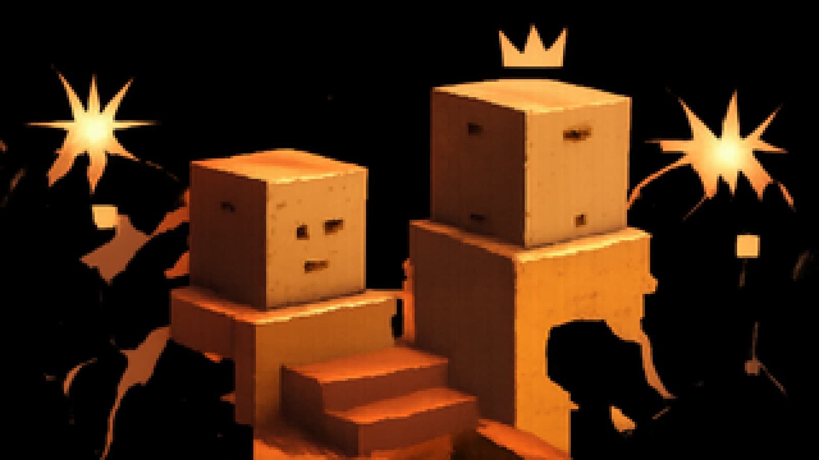 Pixel art of two plain cardboard boxes on red-carpet podiums under camera flashes, the taller one wearing a small crown