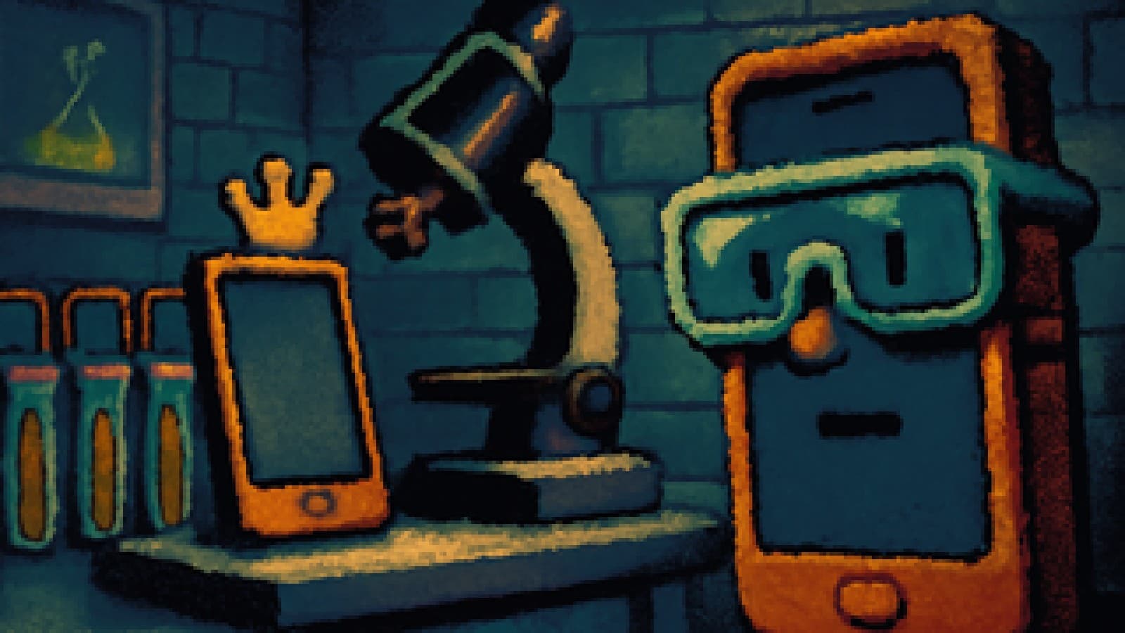 Pixel-art lab scene with a crowned smartphone under a microscope as rival phones look on from test tubes.