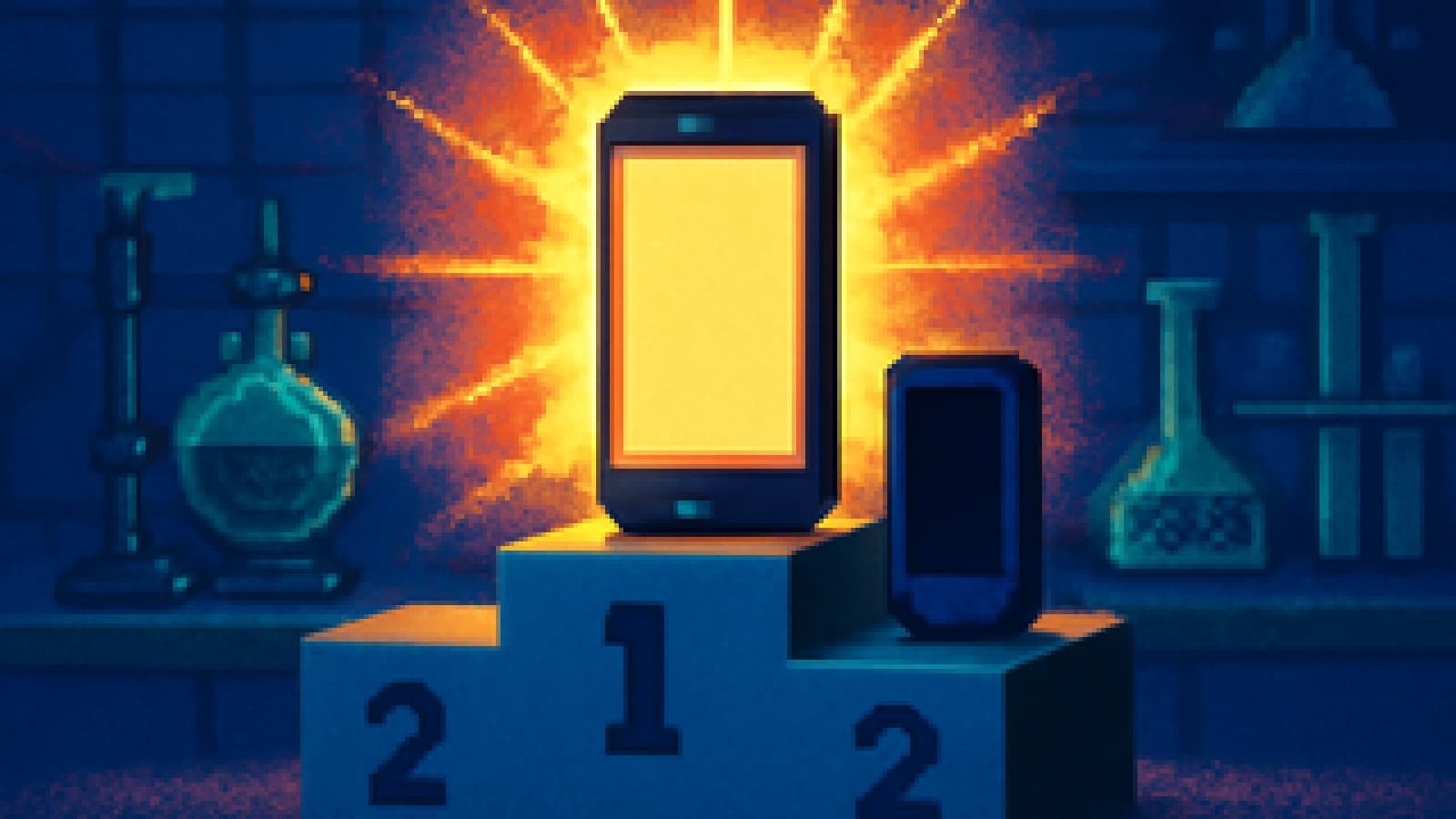 Pixel-art smartphone on a winner's podium in a science lab, with a rival phone on the second step.