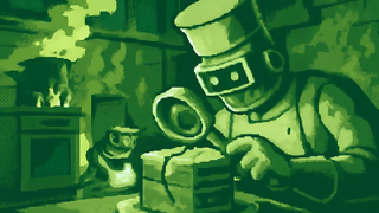 Pixel-art kitchen where one robot chef inspects cracks in a server-shaped cake while another slides a glowing envelope under the door.