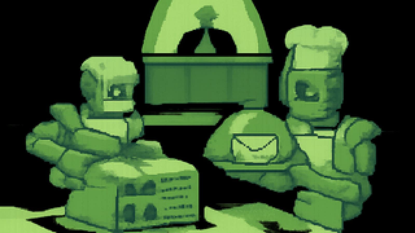 Pixel-art cook-off with two robot chefs, one cutting holes in a server-shaped cake and one serving a glowing envelope, under stage spotlights.