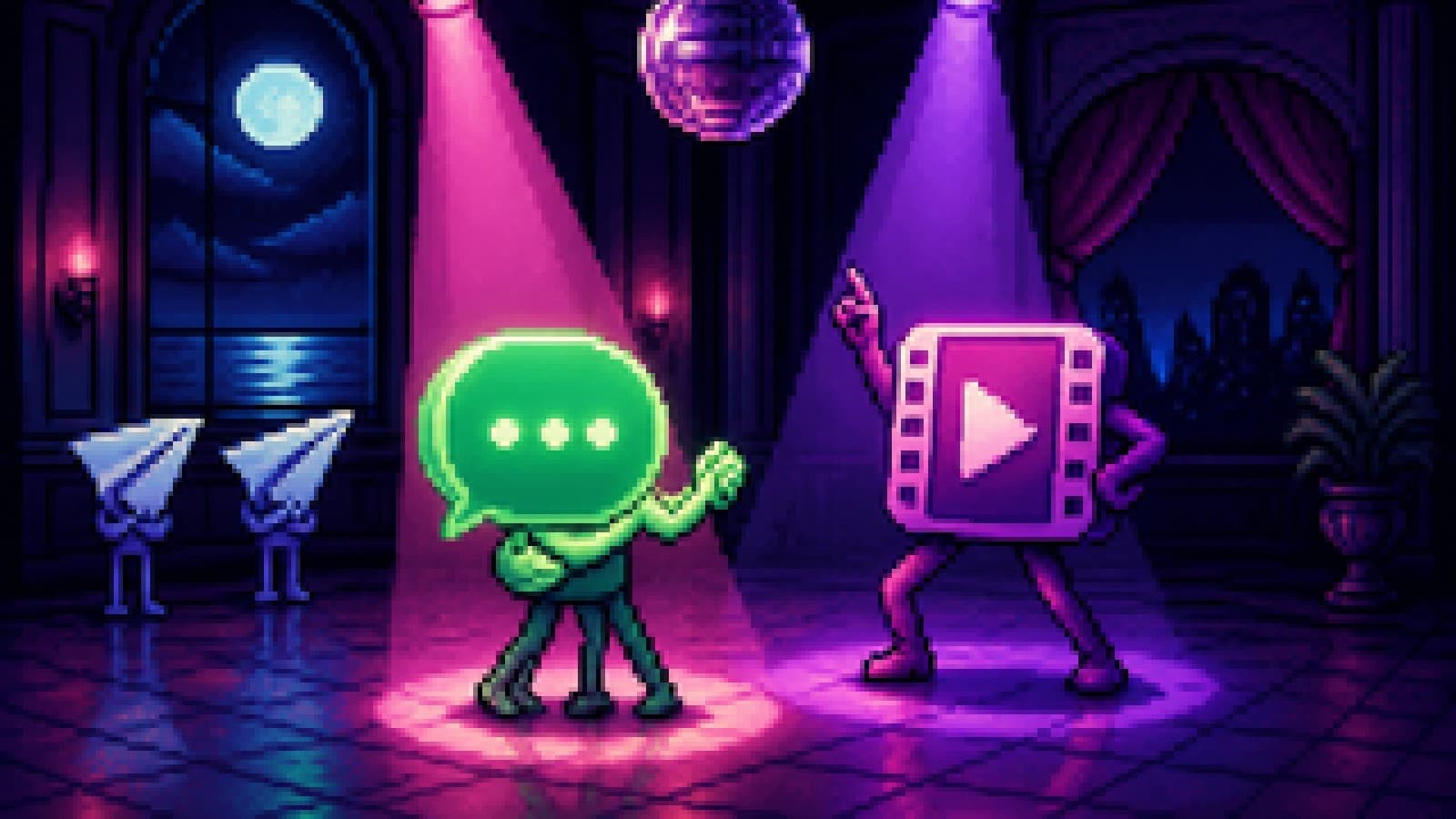 Illustration of a chat bubble dancing in a spotlight, with a video reel figure beside it and paper-plane icons left alone by the wall