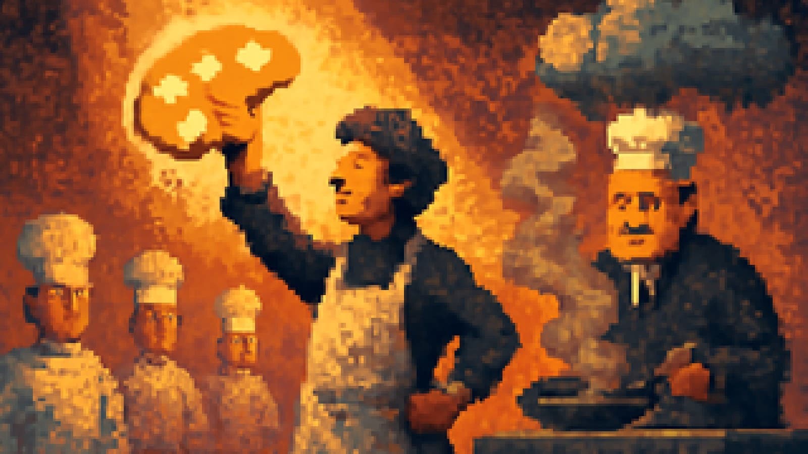 Pixel-art cooking show with a painter-chef lifting a glowing plate as a stern rival chef stands by a smoking pan.