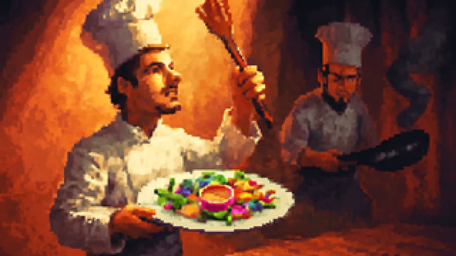 Pixel-art cooking show stage with an artistic chef presenting a vivid dish while a stern rival chef holds a smoking pan.