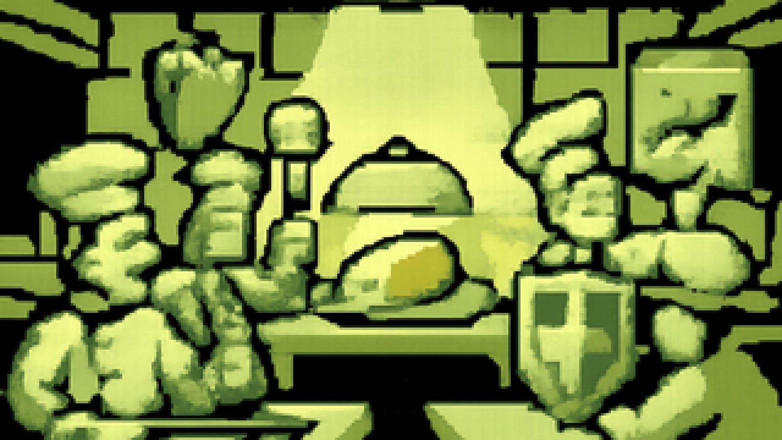 Pixel-art cooking show set with a golden bar on a platter and rival chef stations competing around it