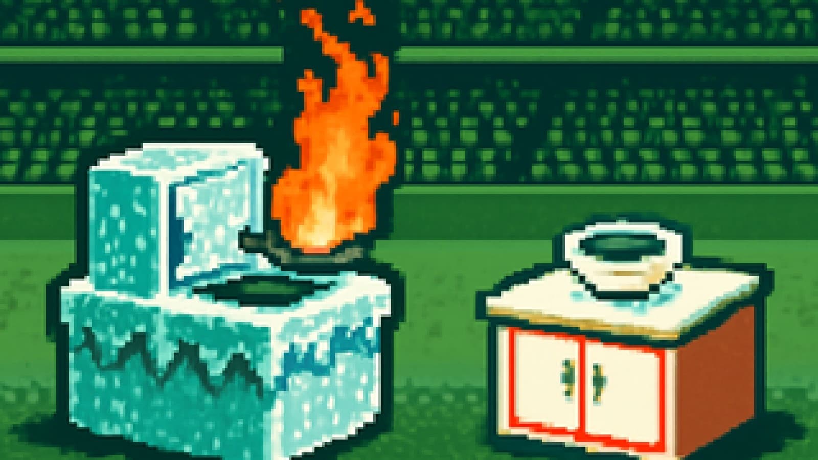 Pixel-art illustration of an ice-covered kitchen station with flames erupting from a frozen pan, opposite a spotless steel station serving clear soup, with stadium crowds behind.