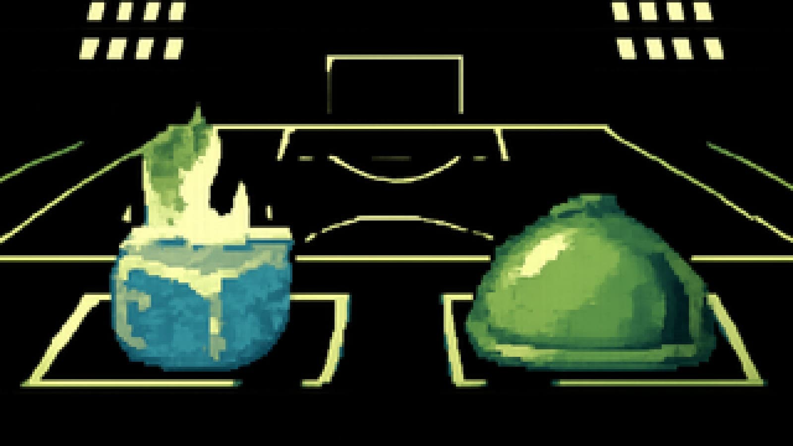 Pixel-art cook-off scene: a burning block of ice and a silver cloche on a judges' table, with a floodlit football pitch behind them.