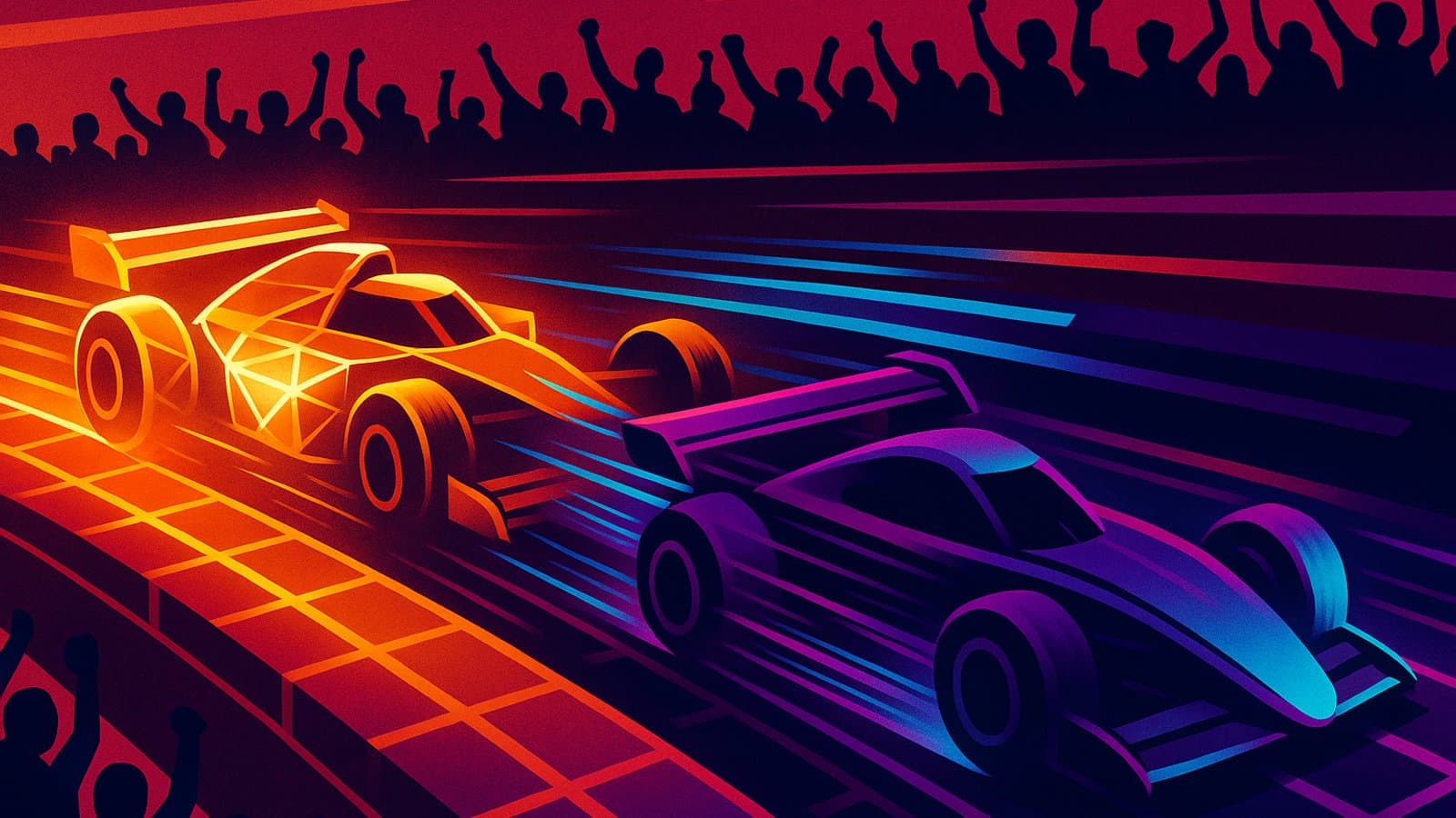 Two neon race cars, one covered in crystal shapes and one in purple-teal light trails, race neck and neck on a glowing digital track while a crowd cheers.