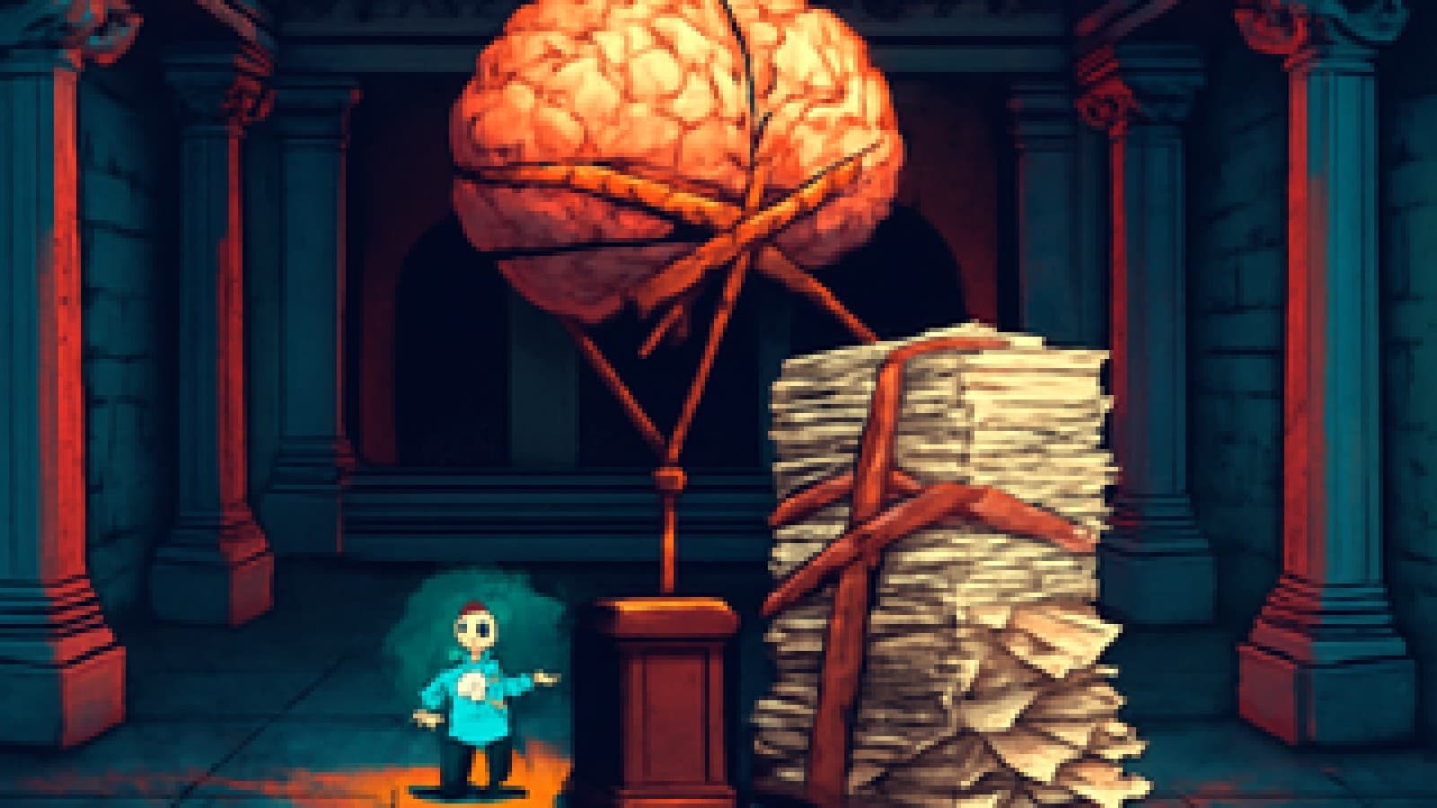 Pixel-art ministry hall with a small robot at a podium beneath a huge brain-shaped balloon held down by red tape.