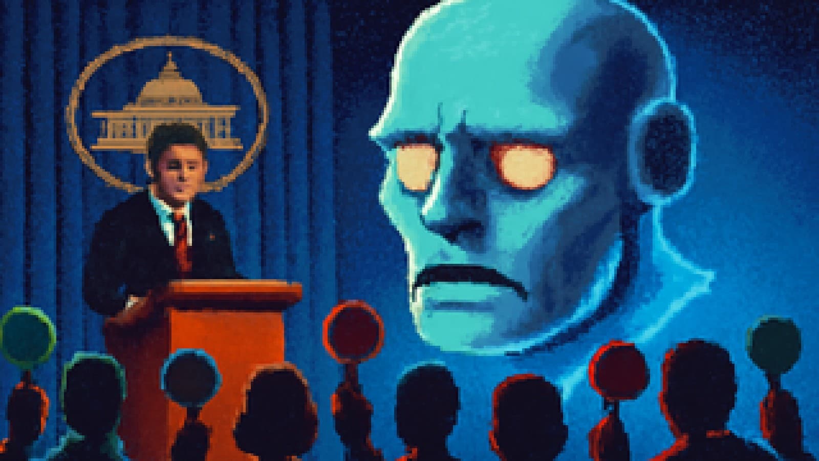 Pixel-art press room with a deflating robot-head balloon above a podium and a crowd raising blank paddles.