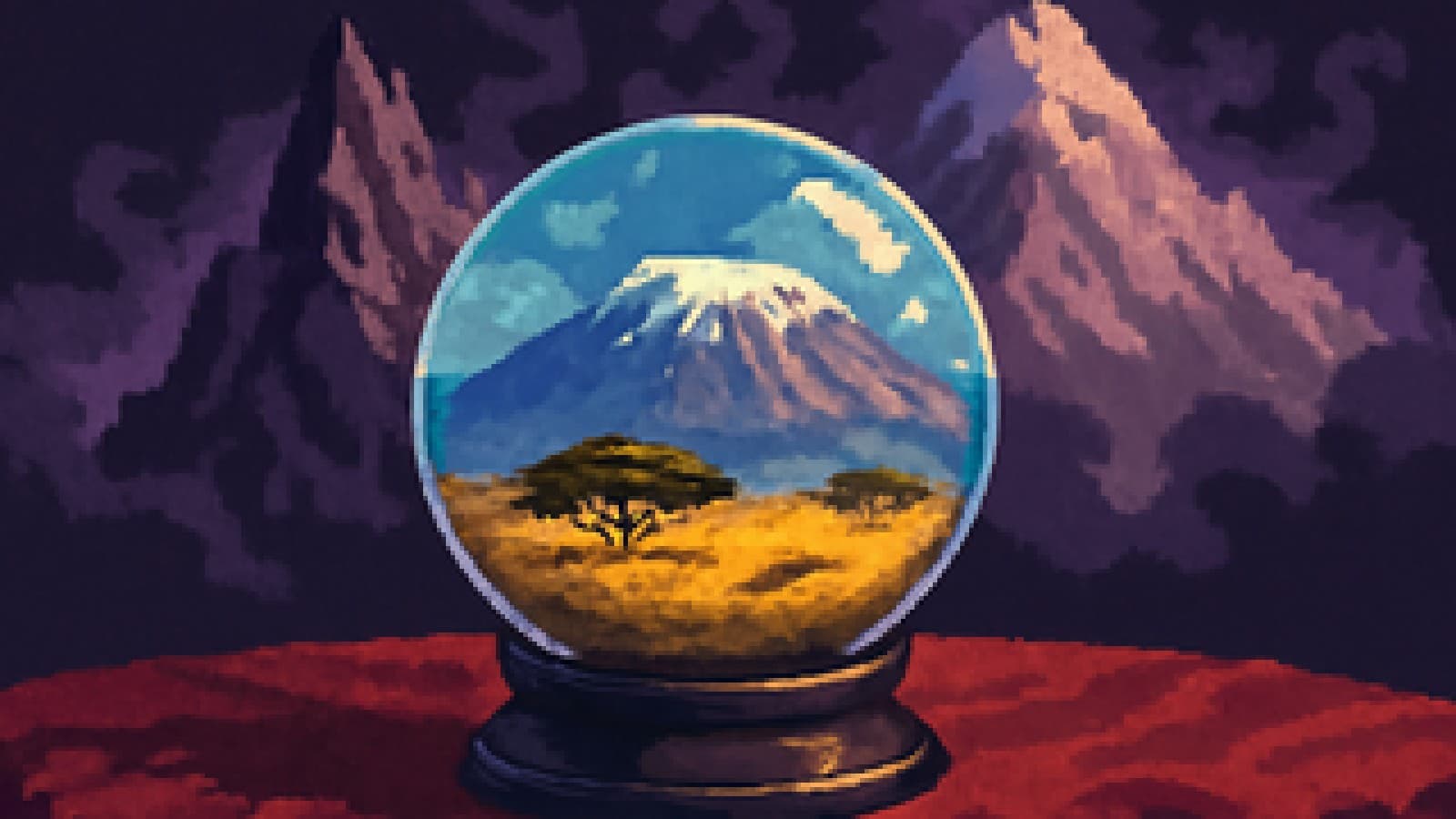 Pixel-art crystal ball with Kilimanjaro glowing inside it as other mountains fade into smoke