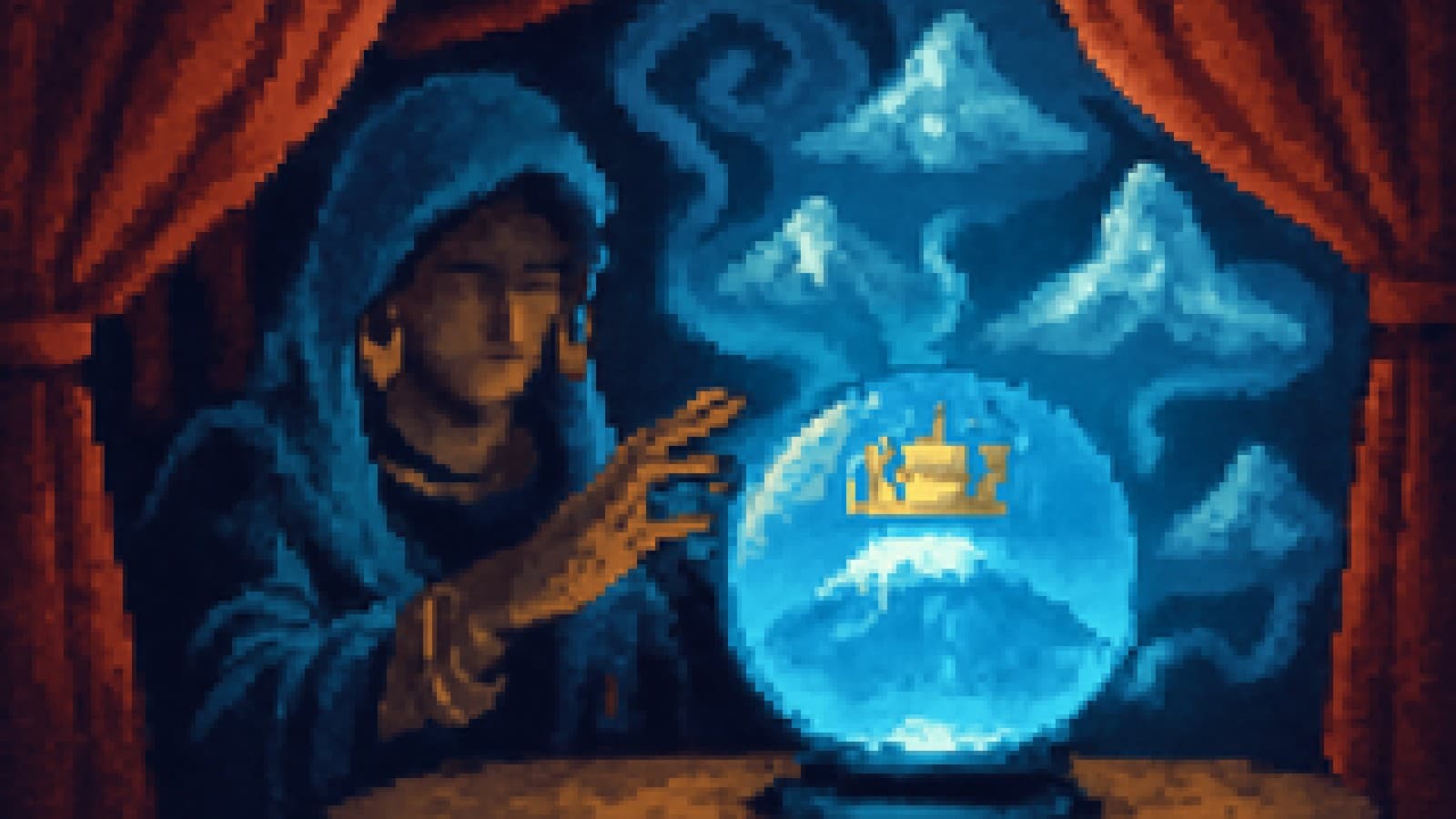 Pixel-art crystal ball showing a crowned Kilimanjaro, with rival mountains swirling around it in smoke