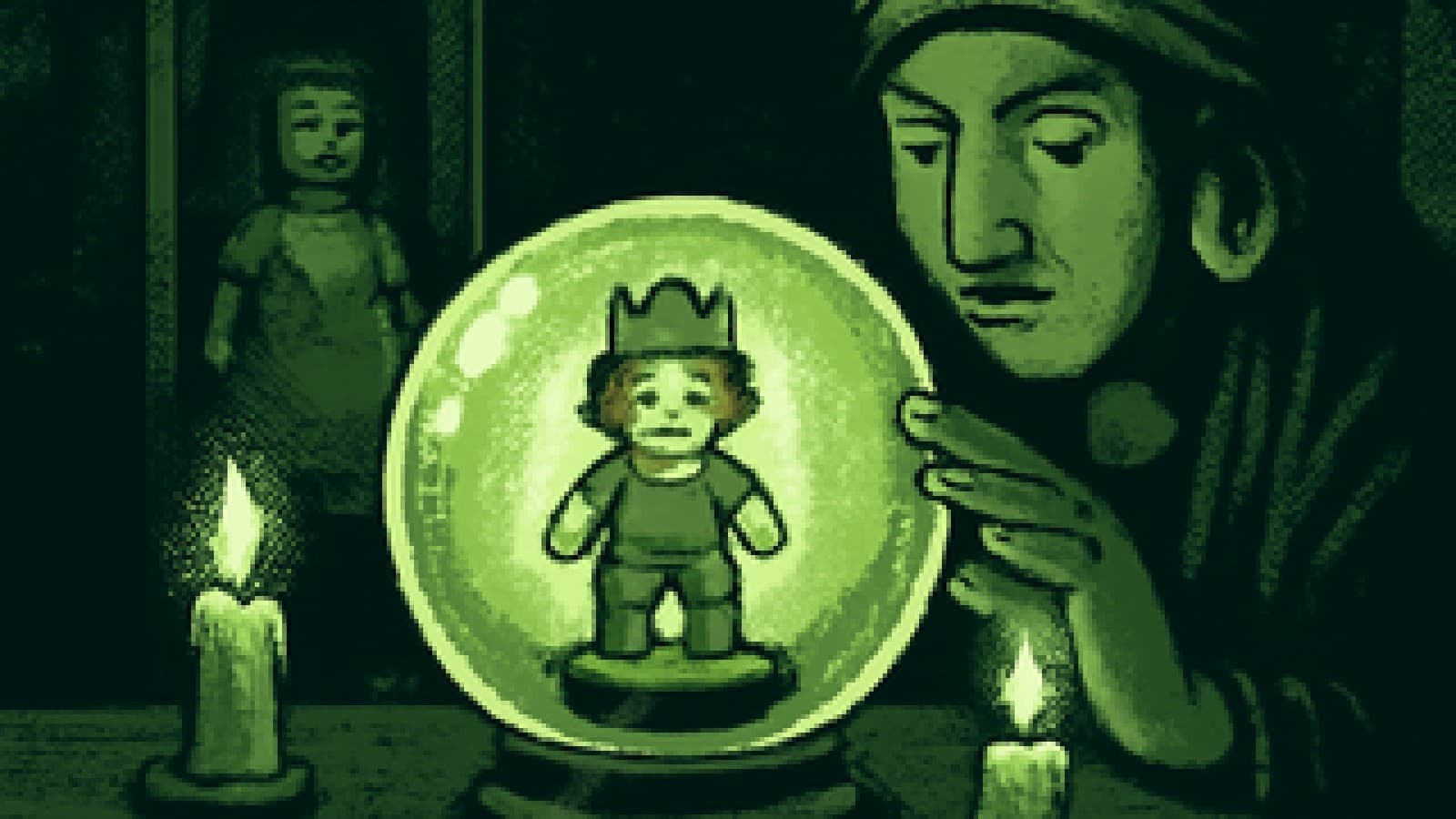 Pixel art of a crystal ball showing a crowned redheaded doll on a podium and a pale doll sitting in a glass case behind it.