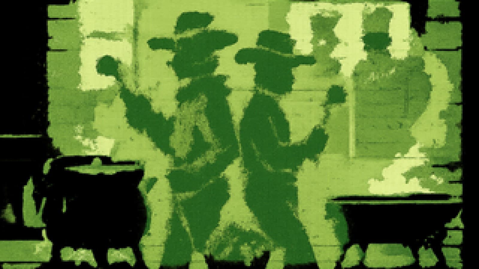 Pixel-art of two cowboy chefs facing off with ladles in a Western saloon kitchen while two others watch from the doorway.