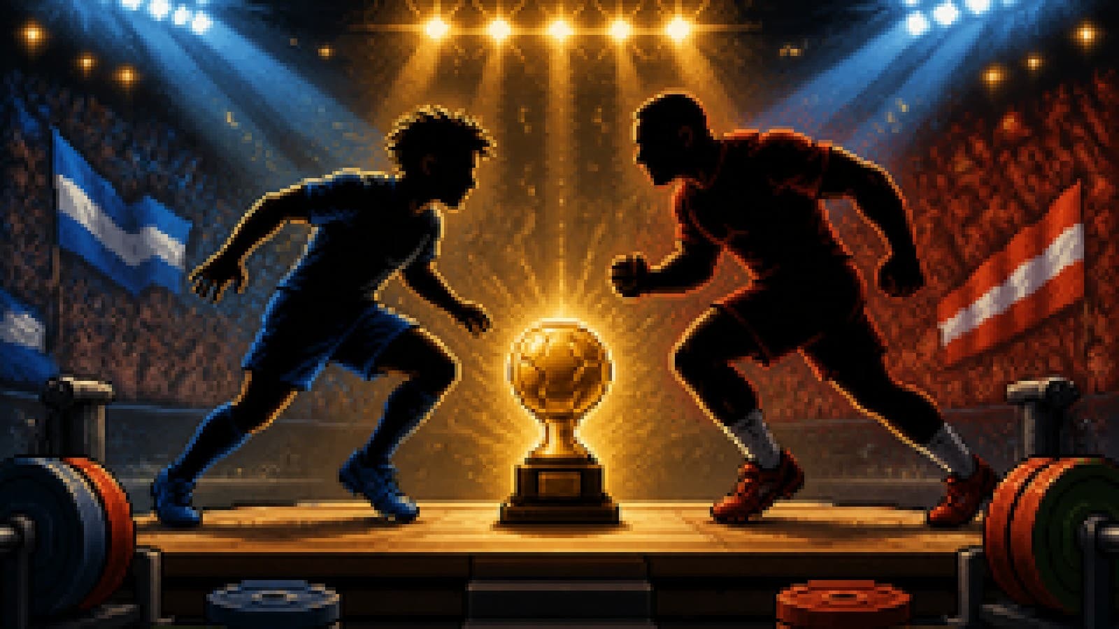 Illustration of two football players facing off over a glowing golden trophy in a gym-like arena