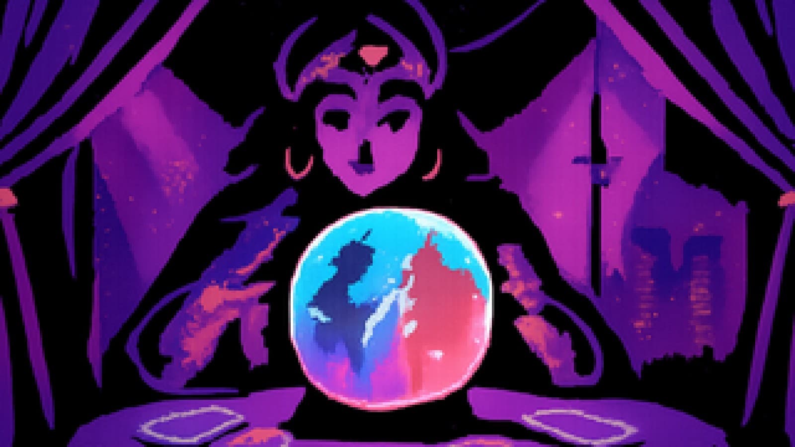 Pixel-art fortune teller's table with a crystal ball showing two rival musician silhouettes over a city skyline.
