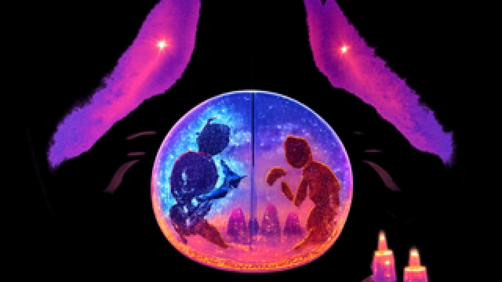 Crystal ball showing two rival musician silhouettes facing off above a city skyline in blue and red light.