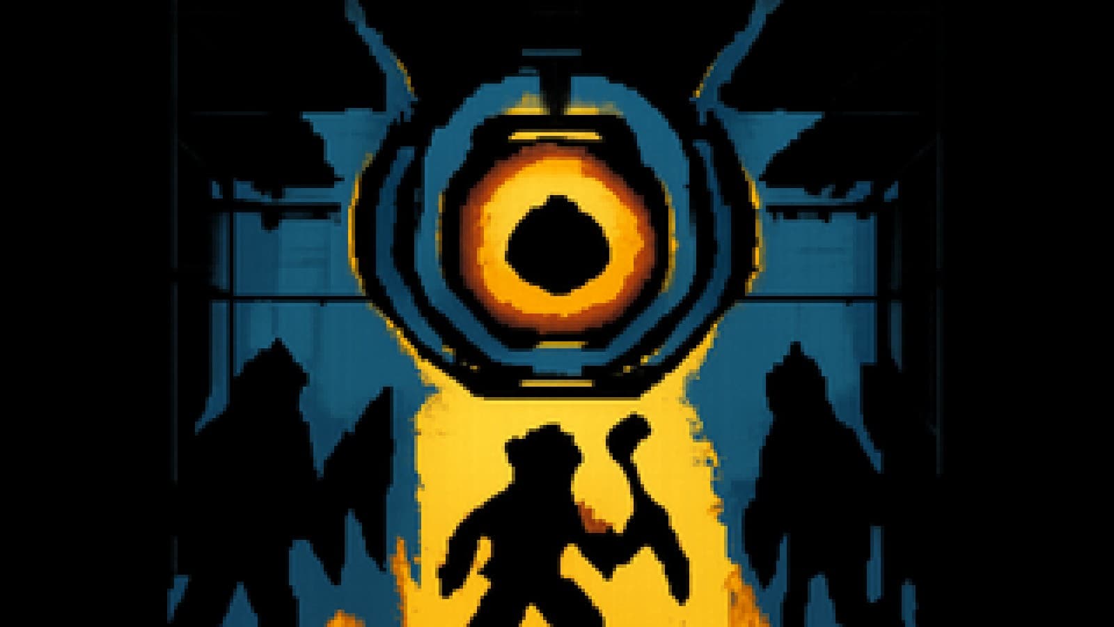 Pixel art of a hanging robotic AI facing off against a resistance fighter in a sci-fi lab, with shadowy rivals behind them.