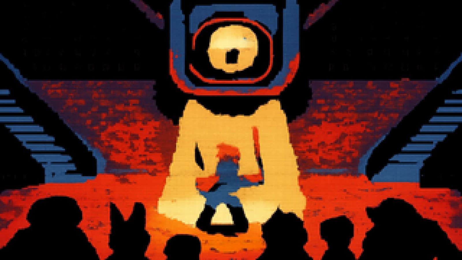 Pixel art of a giant robotic AI looming over a stage as a crowd of video game characters lines up to challenge it.
